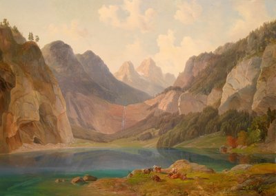 Gebirgslandschaft mit ruhender Tierherde im Vordergrund von Michael Lueger